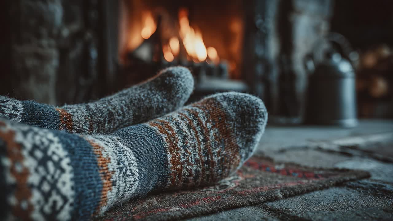 Cozy Winter Vibes: A Close-Up of Patterned Socks Comfortably Resting Near a Warm Fireplace, Embracing the Warmth and Serenity of a Relaxing Evening