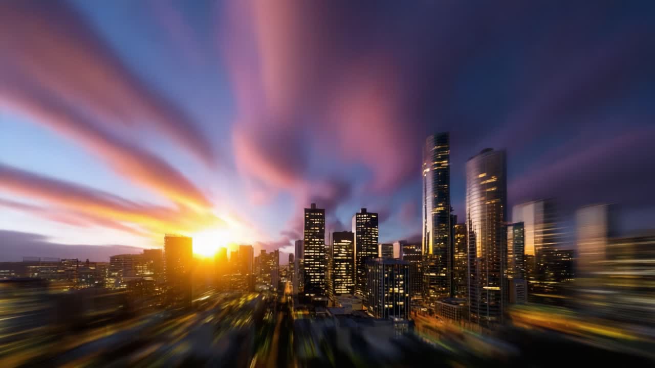 Dynamic Night and Day Cityscape: A Stunning Transition from Vibrant Sunset to Illuminated Night in an Urban Landscape