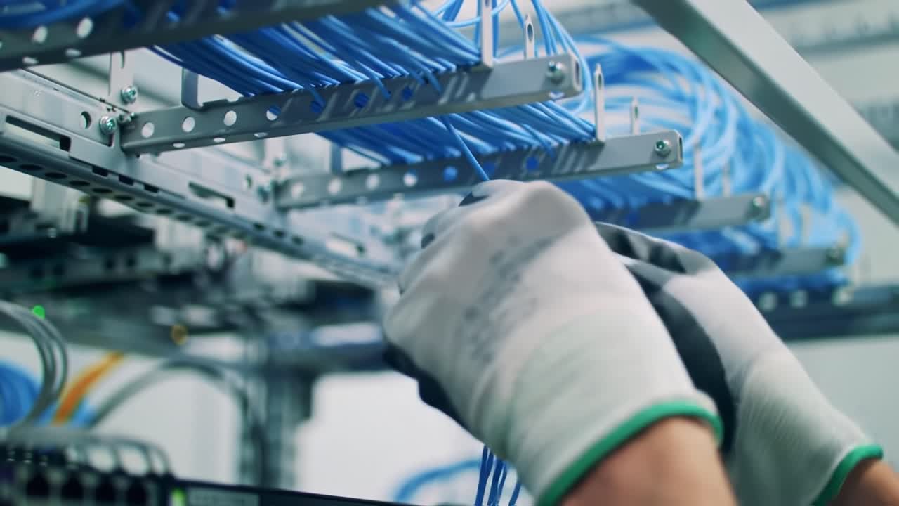 Detailed Close-Up of a Technician's Hands Organizing and Managing Fiber Optic Cables in a Network Rack for Efficient Data Transmission in a Modern Technology Environment