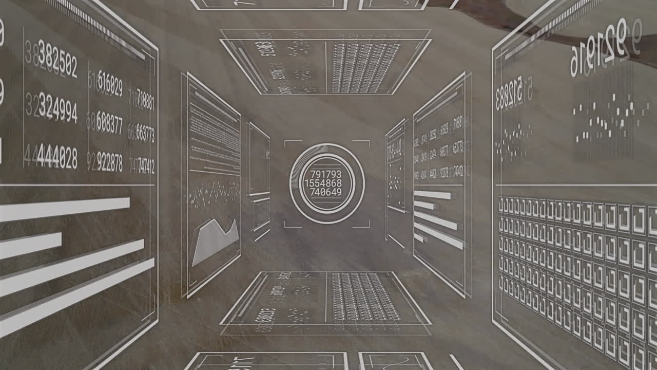 Digital data panels displaying graphs and numbers in futuristic tunnel animation