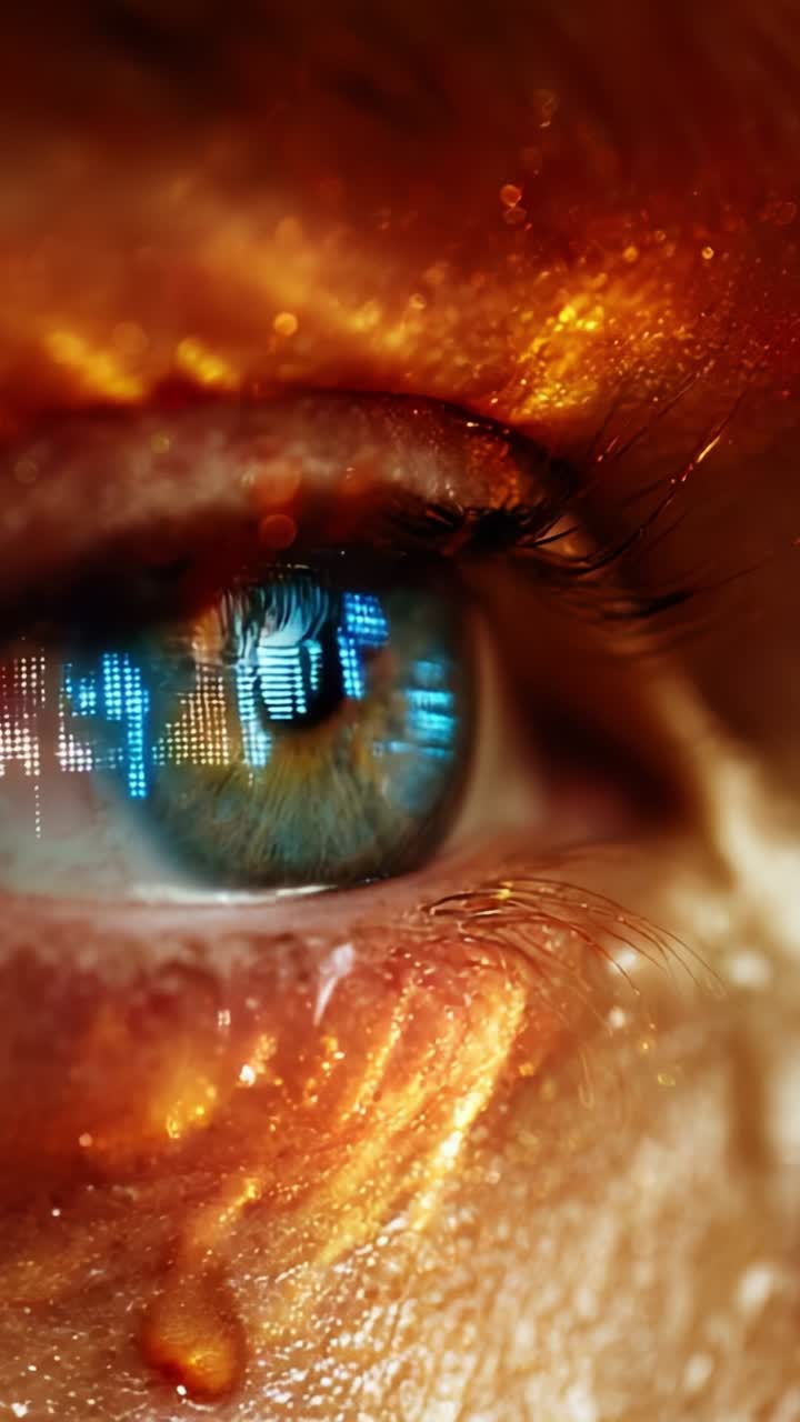 Shimmering Reflection of Emotion in an Eye Close-Up, Capturing the Blend of Light, Color, and Water Drops Evoking Intrigue and Introspection in a Celestial Scene