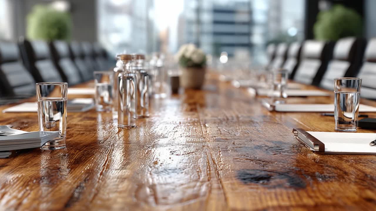 A Serene Conference Room Setting with a Long Wooden Table, Water Glasses, Notepads, and Modern Chairs, Ideal for Productive Meetings and Collaboration