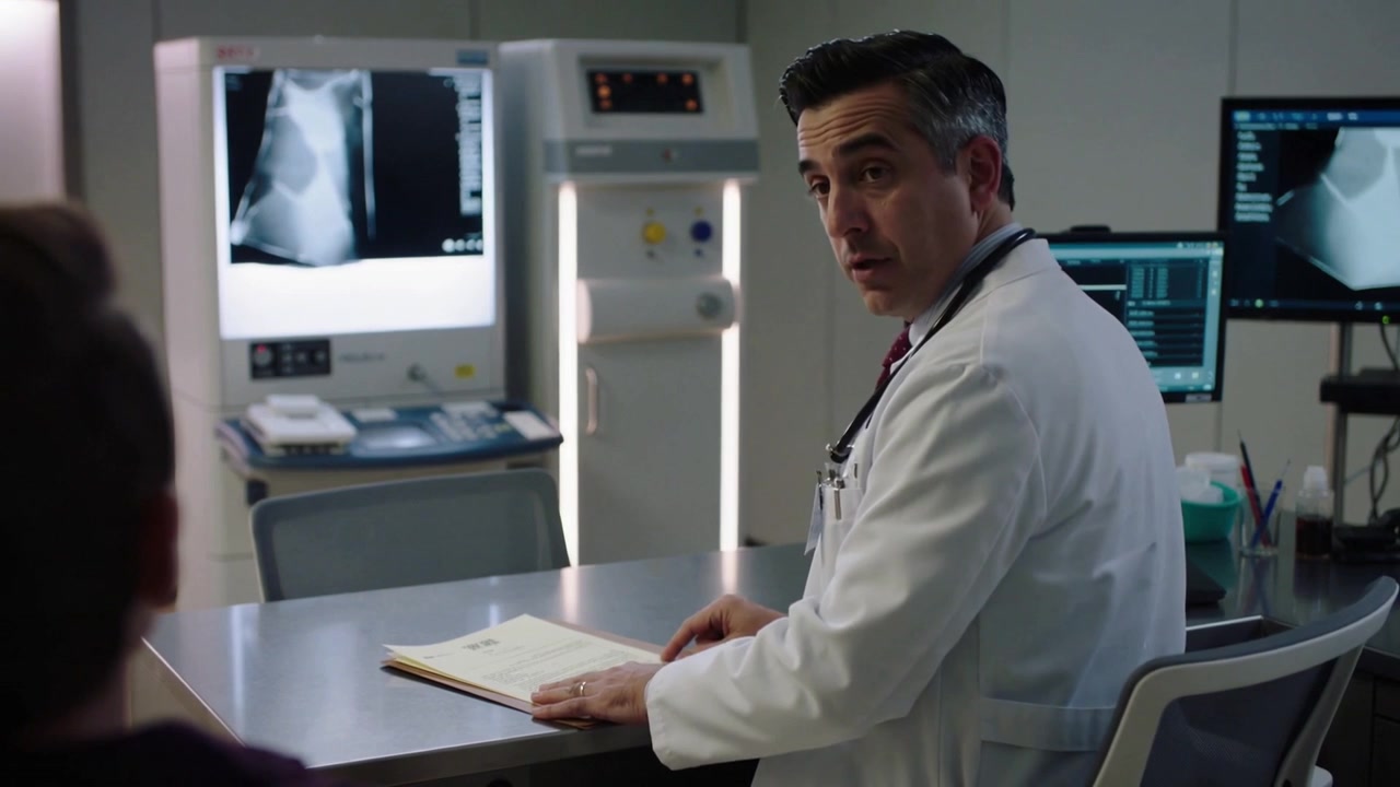 Reviewing chart, male doctor in white coat and stethoscope explaining X-ray to patient at clinic