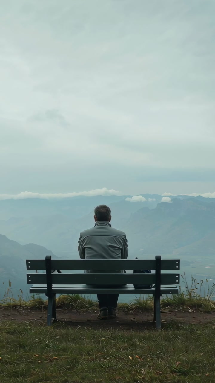 Vertical video: Stretching man shifting arms, adjusting jacket after sitting at mountain bench