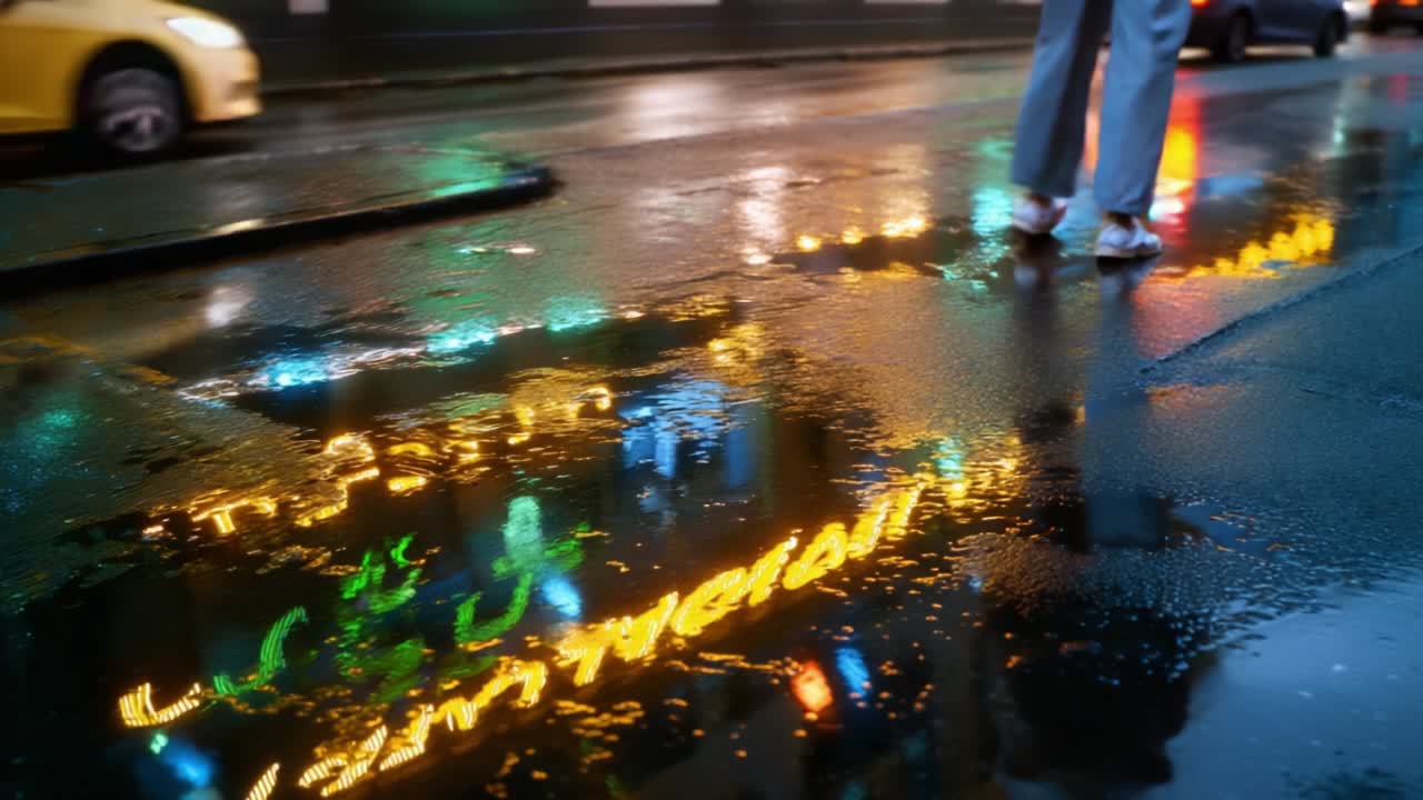 An Urban Night Walk Amidst Reflections: A Solo Stroll on Rainy Streets Littered with Colorful Lights and Puddles, Capturing the Essence of City Life Under Neon Glow