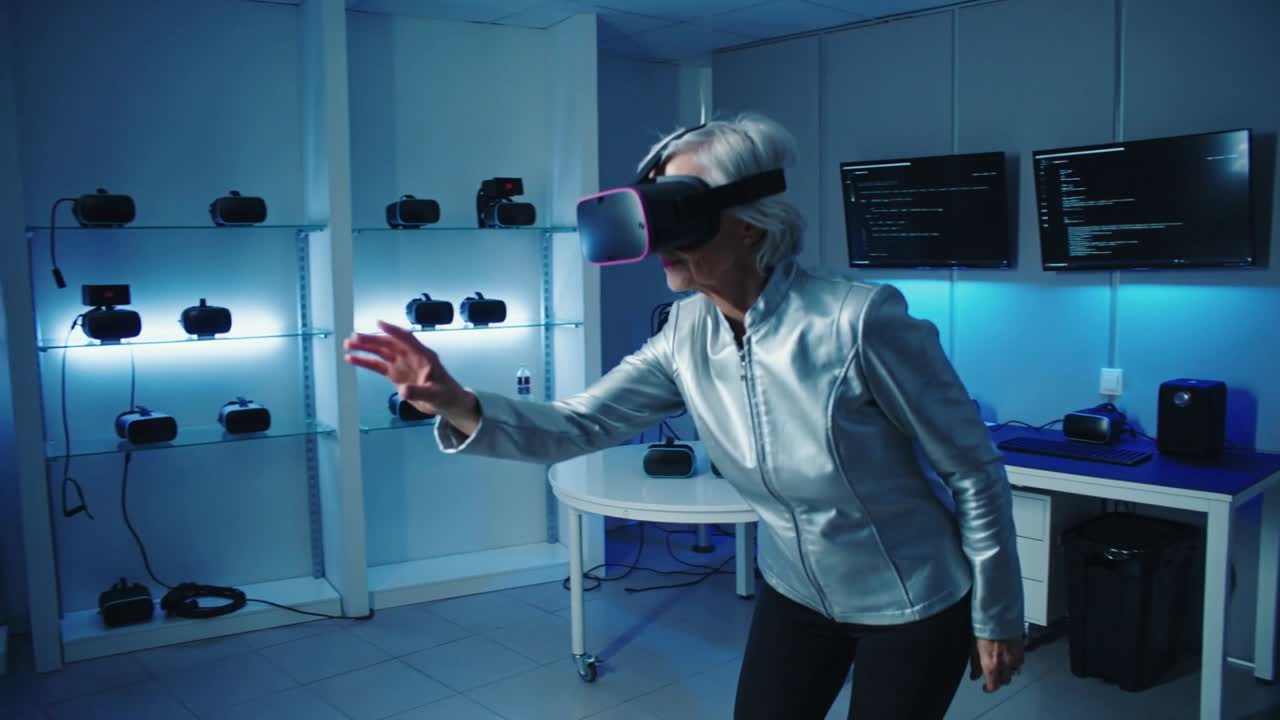Donna anziana che entra con una giacca metallica, sollevando un visore VR e testando una scena in laboratorio con visori.