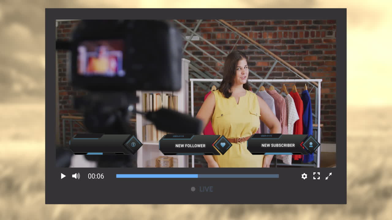 Animation of social media screen over caucasian woman making video blog at home