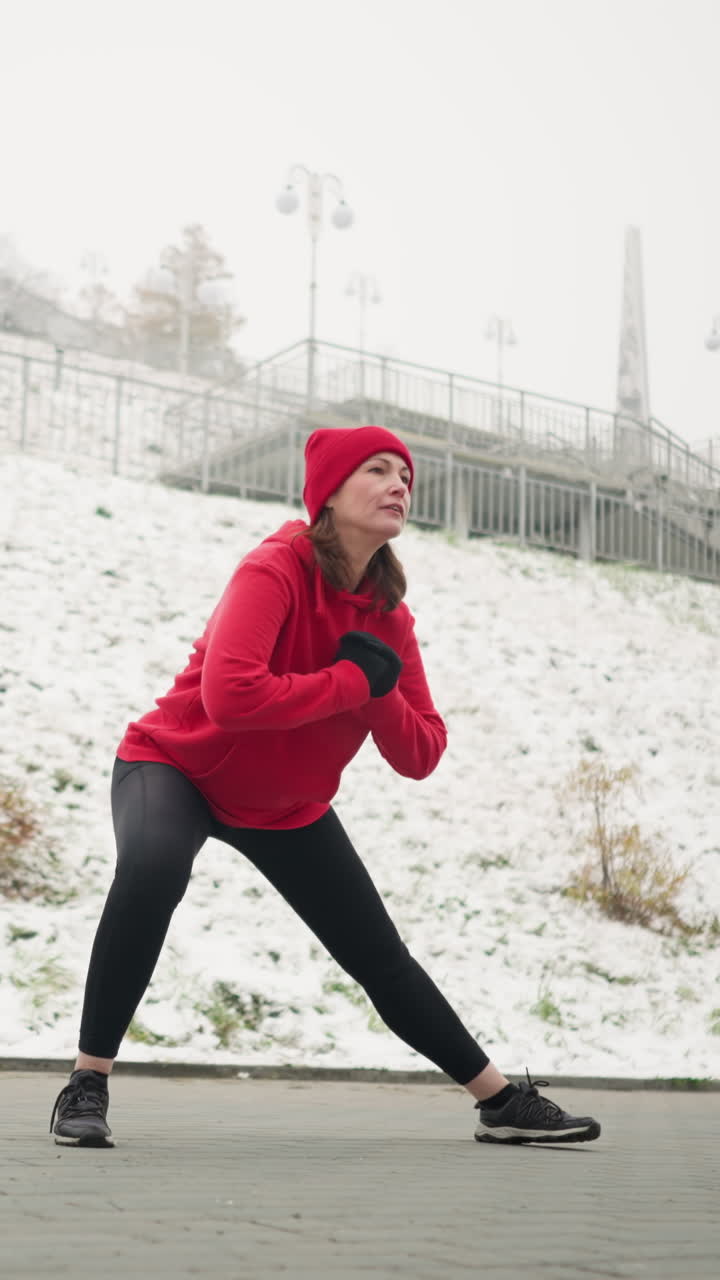 은 후디를 입은 코치가 도시 근처의 눈 인 지상에서 야외 겨울 운동 중에 사이드 지 운동을 수행하며 결단력을 보여줍니다. 배경에는 눈이 쌓인 언덕과 조명 기둥이 포함되어 있습니다.