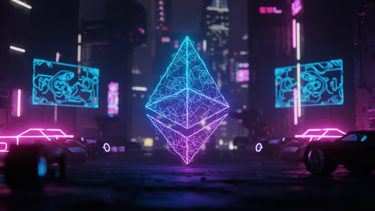A Stunning Visual Transition: From an Illuminated Ethereum Prism to a Geometric Cube in a Neon-lit Futuristic Cityscape, Capturing the Essence of Digital Art Innovations
