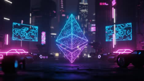 a stunning visual transition: from an illuminated ethereum prism to a geometric cube in a neon-lit futuristic cityscape, capturing the essence of digital art innovations