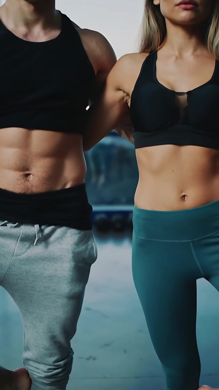 Video verticale: Sollevamento delle gambe dopo uno spostamento di peso, un duo in forma che si bilancia su un balcone al tramonto in abbigliamento da palestra.