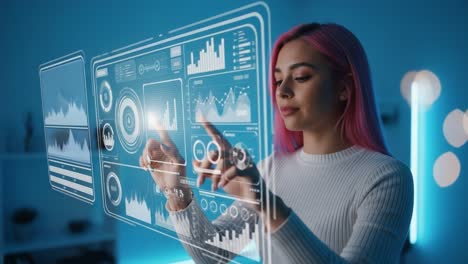 a young woman interacting with a holographic user interface, analyzing data visualizations with a modern, sleek digital display in a futuristic environment