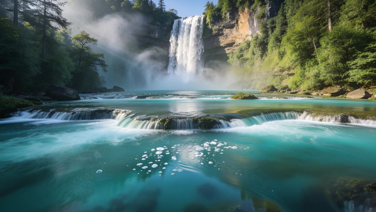 Alta cascada central fluyendo y piscina turquesa acercándose mientras la cámara se mueve, revelando espuma.