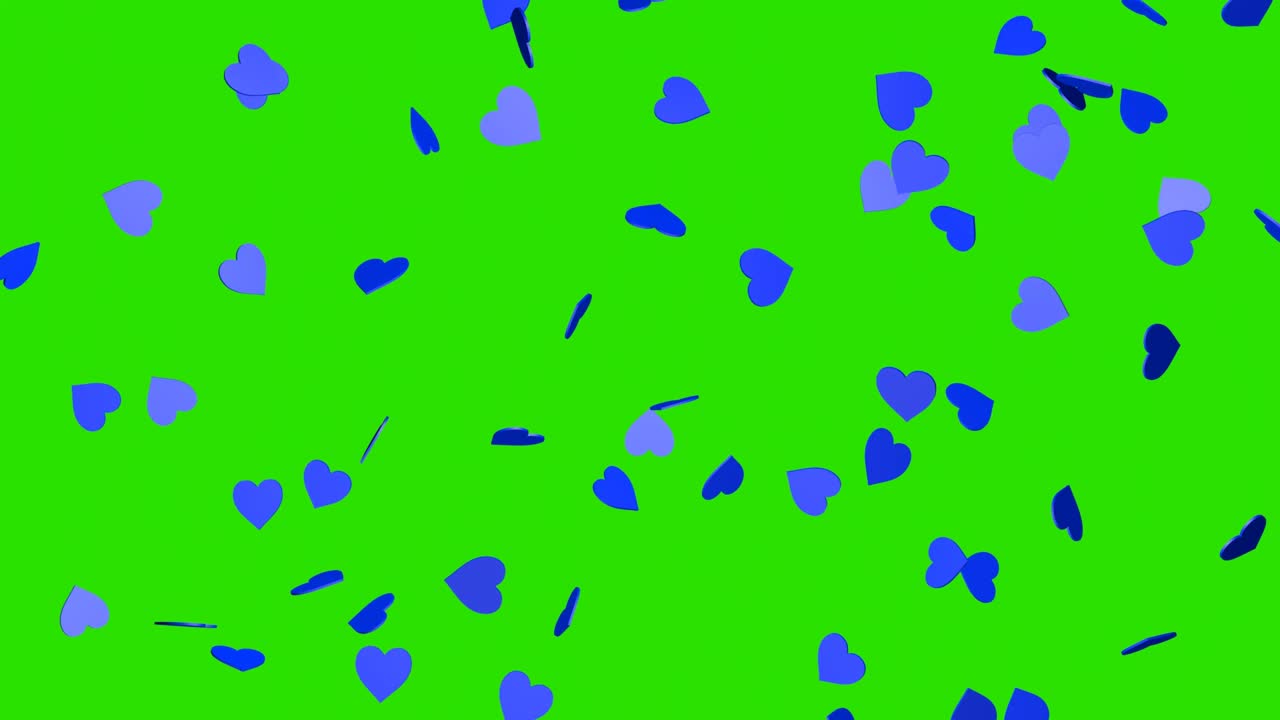 크로마 키 배경에 파란색 심장이 떨어지는 발렌타인 데이와 결혼식에 대한 비디오 효과, 녹색 화면, 심장으로부터의 비