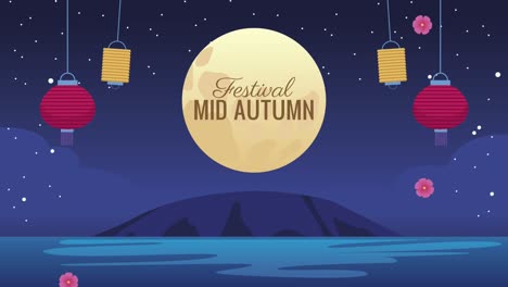 mid autumn lettering in fullmoon animation with lamps