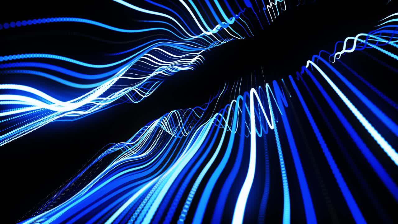 fondo de bucle 3d abstracto con partículas de brillo azul forman líneas curvas y líneas forman la estructura de la superficie en el espacio 3d. bucle vj festivo con partículas. fondo de diseño de movimiento