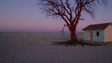 abandoned house in a desert landscape at sunrise/sunset