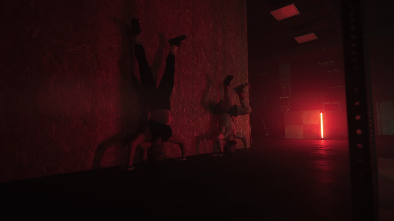 hombre y mujer atléticos están haciendo flexiones de pie sobre las manos en el gimnasio entrenamiento duro