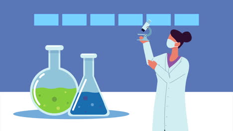 científica con microscopio y tubos de prueba
