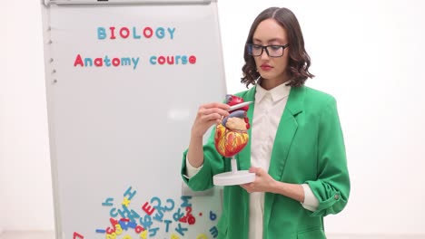 female teacher presenting anatomy course with human heart model