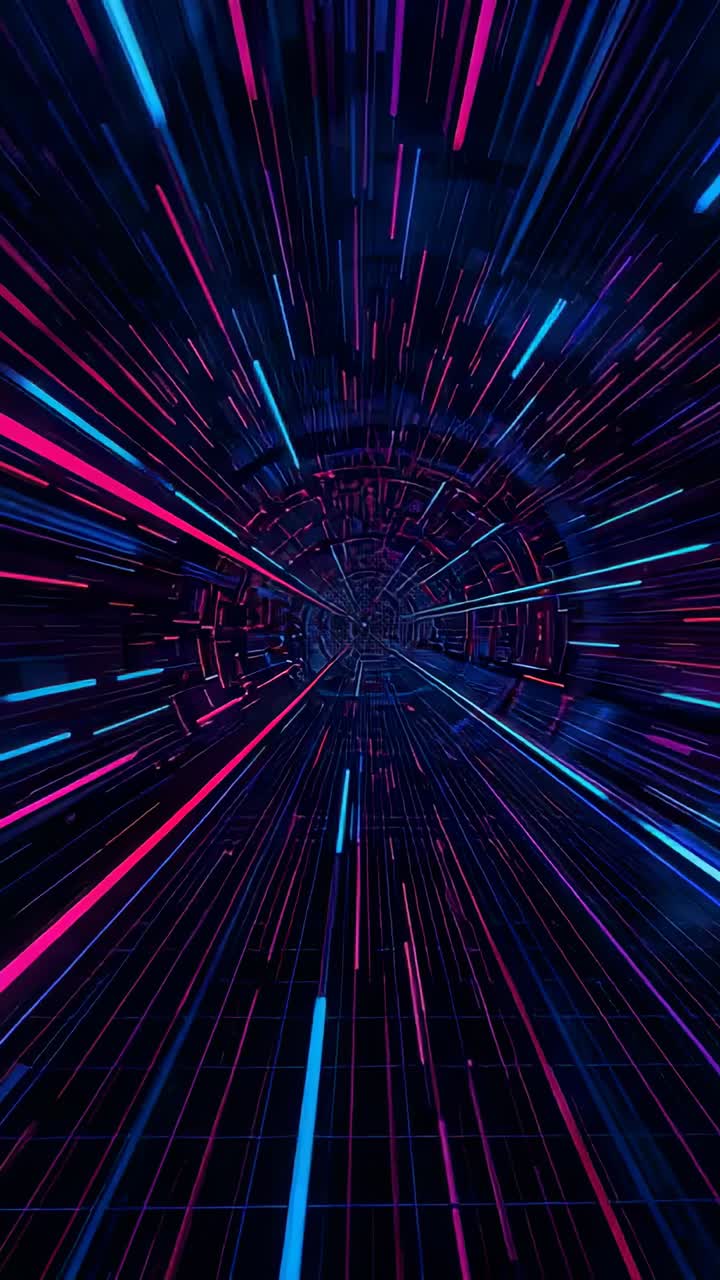 Video verticale: partendo dall'hub, tunnel che sfreccia attraverso anelli con scie al neon per la velocità