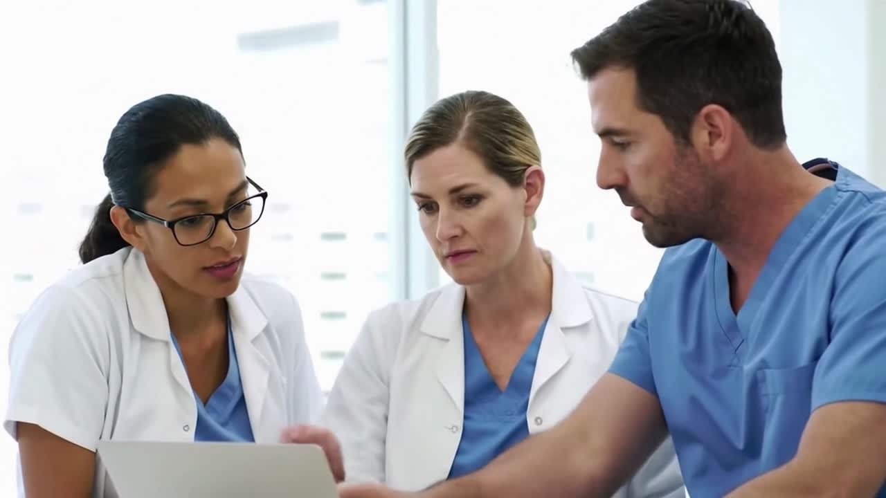 Team of Doctors Collaborating and Looking at a Laptop