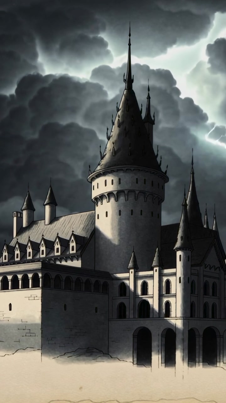 Animated Gothic Castle Under a Stormy Sky with Lightning