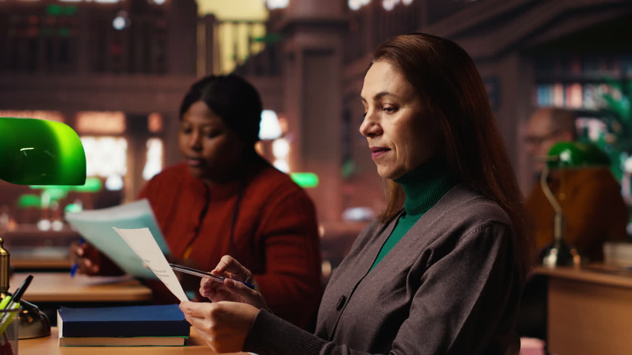 Woman reading in a library