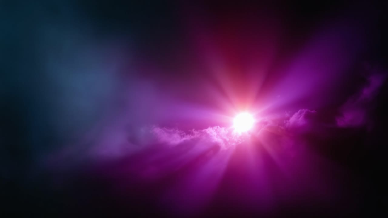 A stunning display of vibrant purple and pink light rays emerging from clouds against a dark background, creating a mystical and ethereal atmosphere of beauty