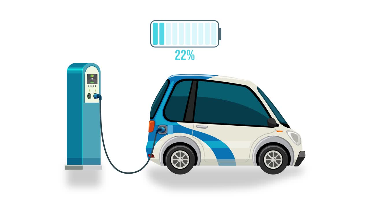 An electric car charges at a station, showing battery progress from 4% to 100% on a white background
