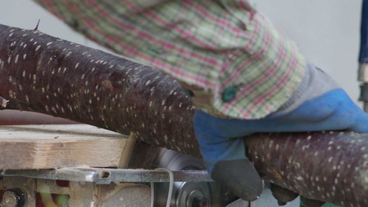 las manos con guantes de los hombres sawing madera.