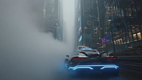 Futuristic Car in Foggy Cityscape