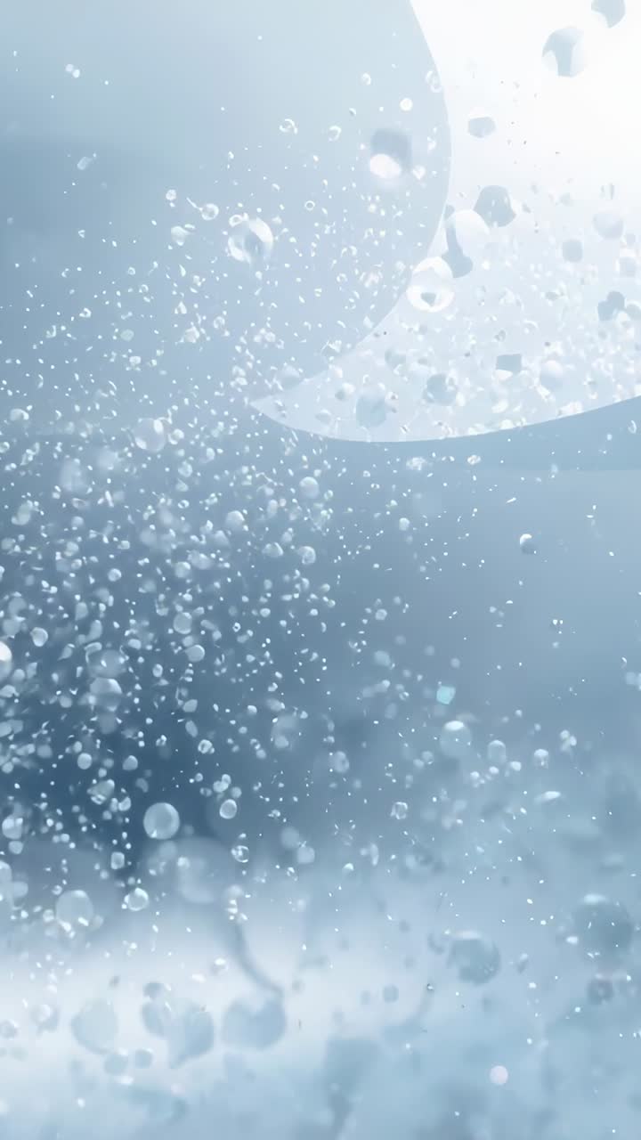 Video verticale: bolla crescente che sale in un mezzo blu, arco curvo, luce in alto a destra che causa la deriva