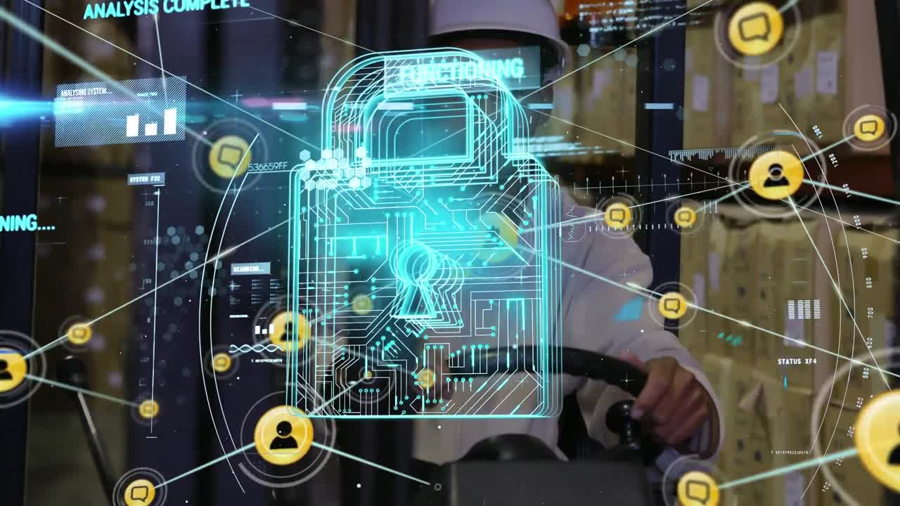 animación del procesamiento de datos sobre un trabajador afroamericano que muestra los pulgares hacia arriba sentado en una carretilla elevadora.