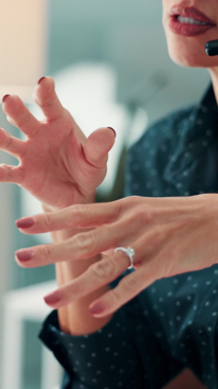 Professional Woman Using Hand Gestures While Speaking in Office