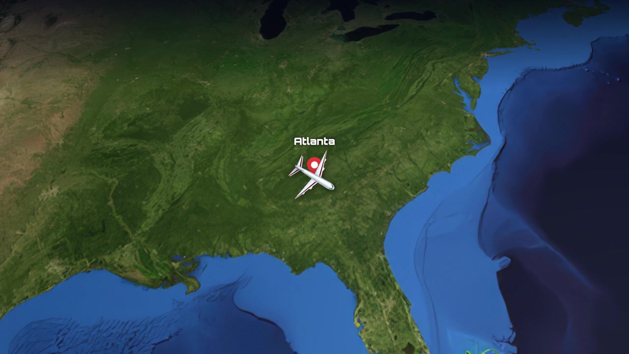 Animated Airplane Flight Path from Seattle to Atlanta on World Map