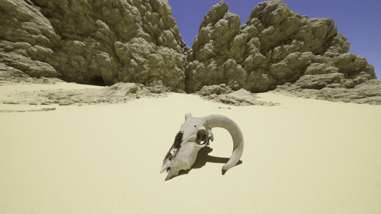 Unique ram skull rests in a sandy desert surrounded by rugged cliffs