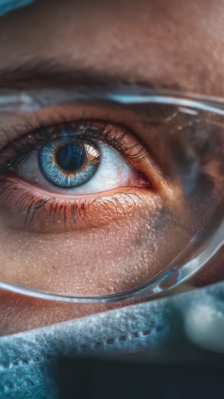 Primo piano di un occhio focalizzato con iride dettagliata e dispositivi di protezione, catturato in un ambiente clinico, che evidenzia precisione e attenzione ai dettagli