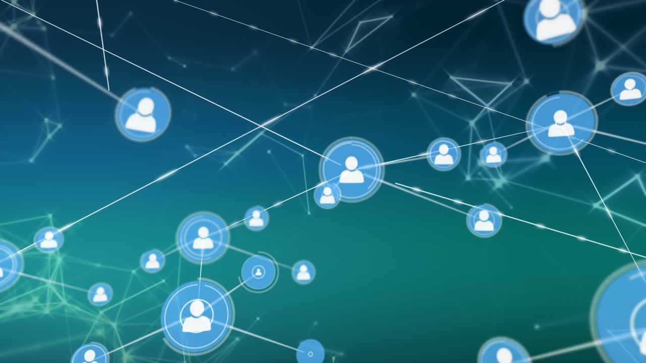 animación de la red de iconos de perfil sobre la red de conexiones en fondo de gradiente verde