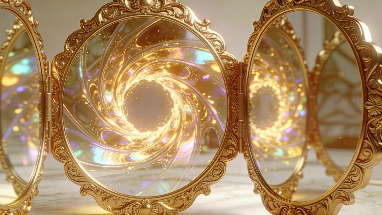 Specchio centrale rotante che si avvia all'inizio della sequenza, mostrando una spirale dorata su un piano d'appoggio in marmo.