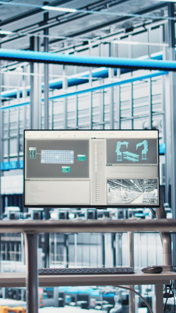 Vertical video Monitor in industry 4.0 smart industrial plant equipped with advanced sensors