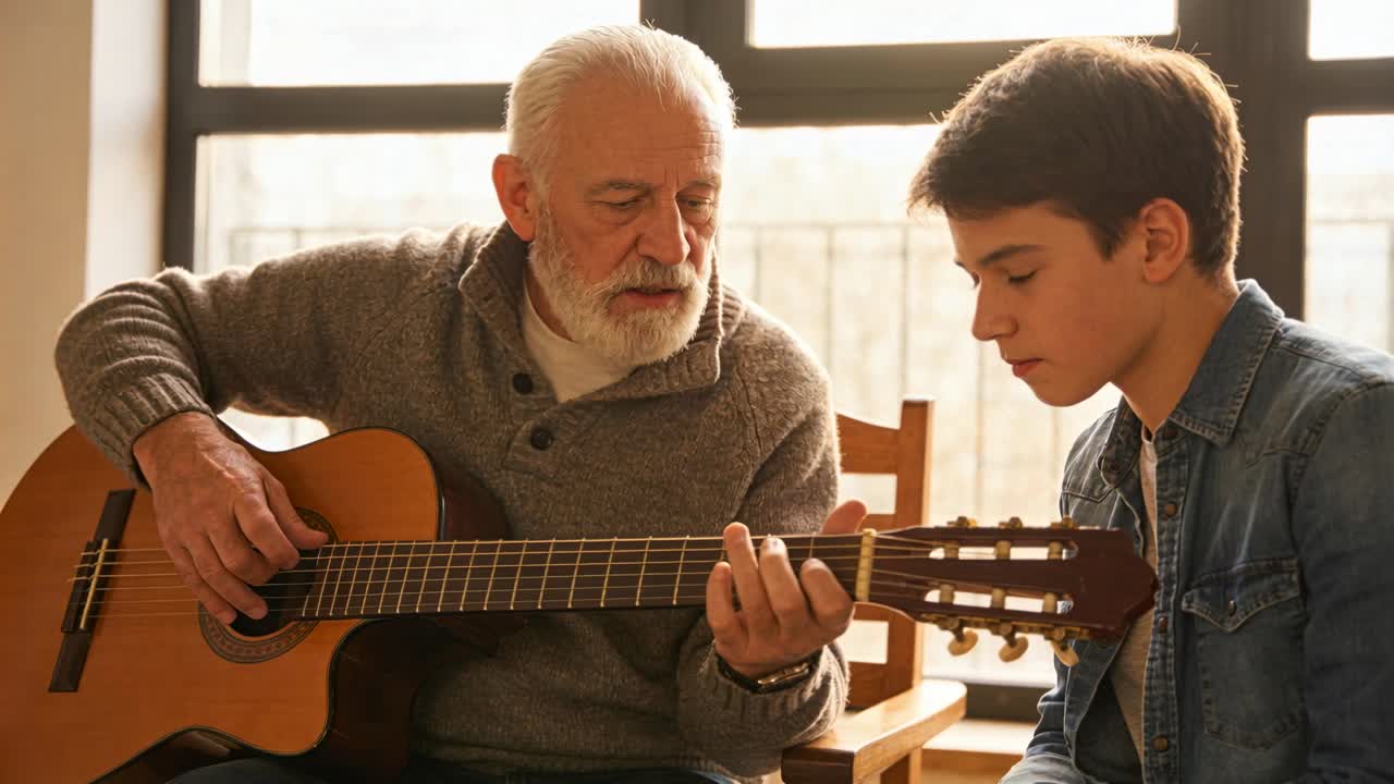 Nonno in maglione che indica, mentre insegna al nipote in giacca di jeans a praticare accordi a casa con il capotasto.