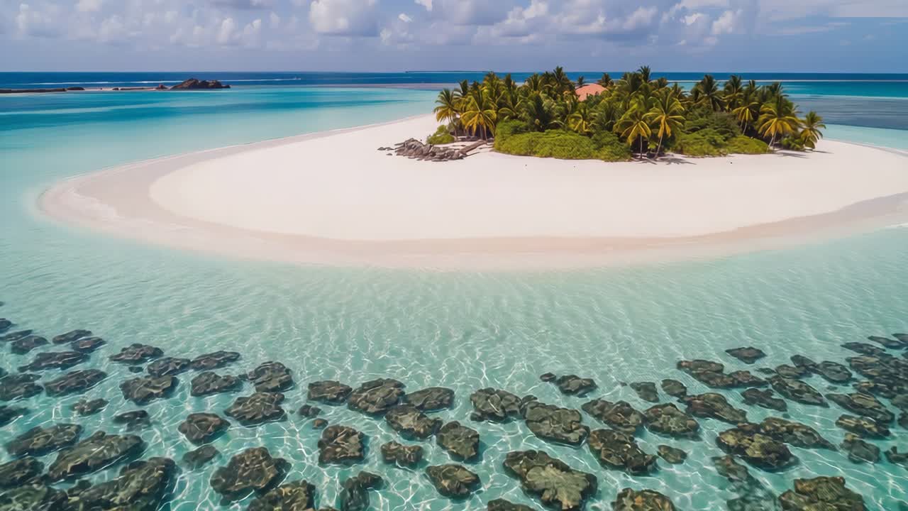 Aerial view of a tropical island with clear turquoise water and palm trees
