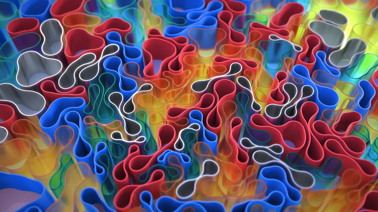 composición de animación 3d multicolor. tubos cilíndricos suaves se dibujan hacia el centro, deformados al moverse