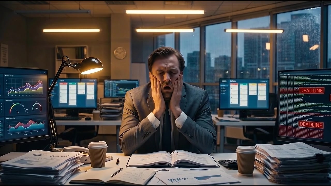Stressed Businessman Working Late at Office Desk