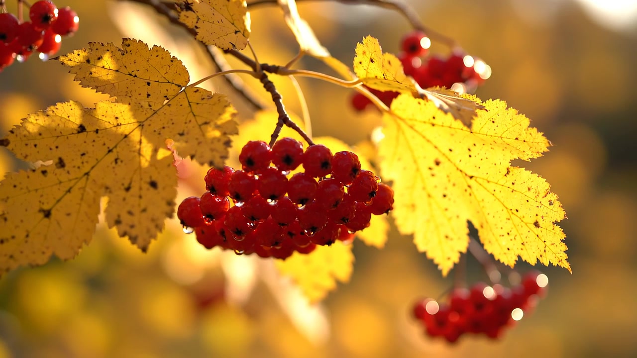 Bacche di sorbo rosse vivaci e foglie autunnali giallo dorato.