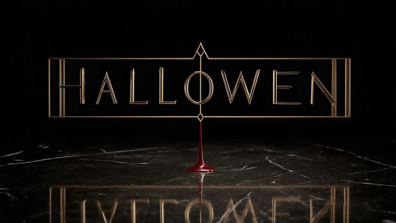 Stylish Halloween text in an elegant golden art deco font with blood dripping from it onto a reflective black marble surface, creating a spooky, sophisticated, and macabre holiday atmosphere