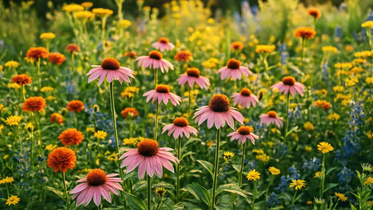 Levende villblomsteng fanget i øyehøyde, som viser frem fargerike blomster Ideell.