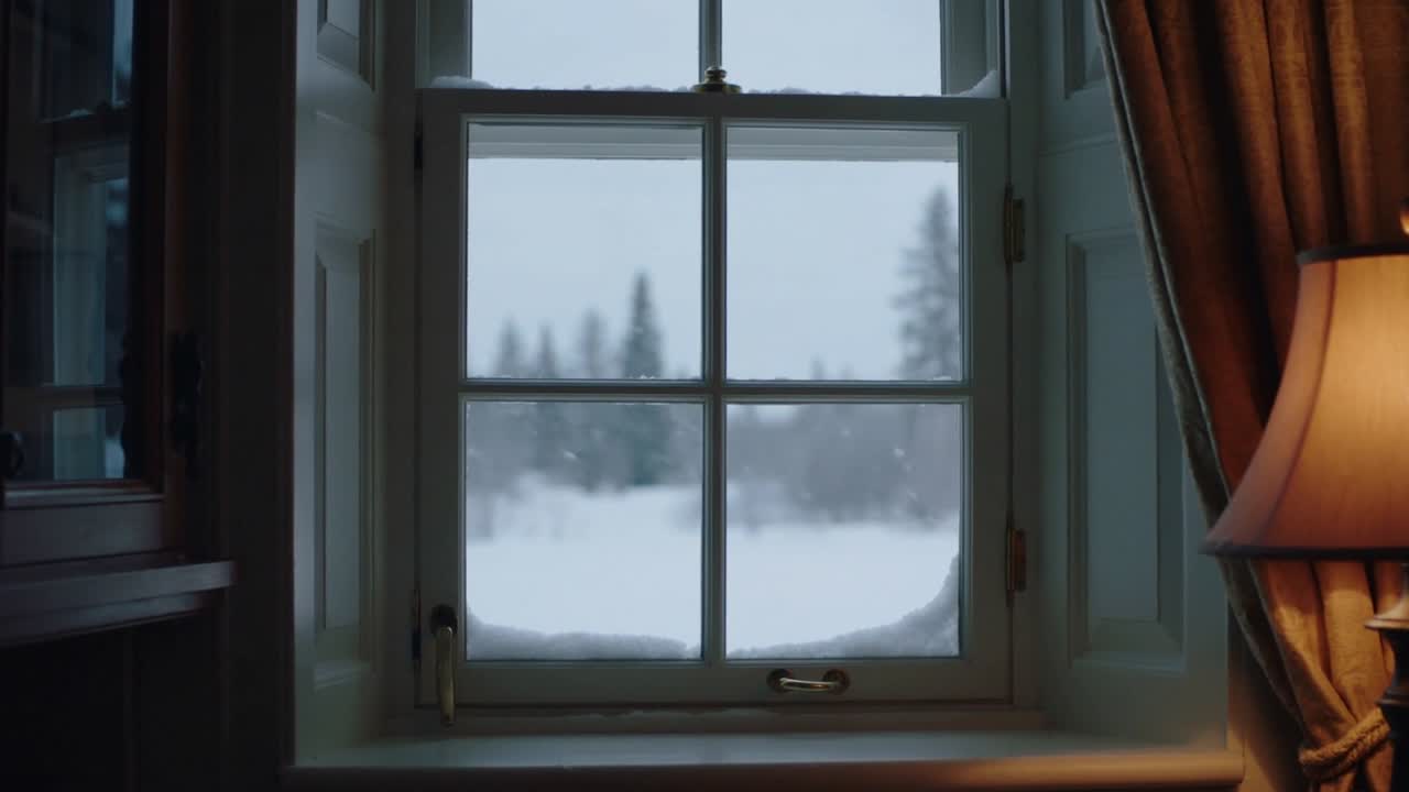 Indrammer et 4-ruders vindue indefra, mens let sne begynder at falde og driver på vindueskarmen og træerne, og en lampe gløder