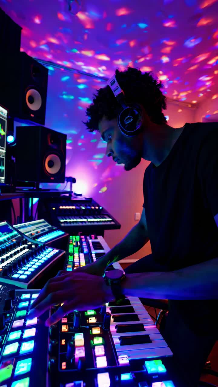 Modern home recording studio featuring multiple monitors displaying audio waveforms, mixing consoles, synthesizers, and vibrant lighting, creating an inspiring environment for music production